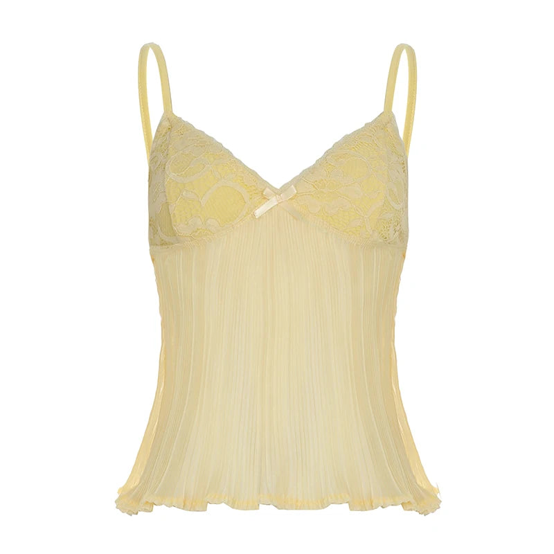 LIZAKOSHT  -  Fold Solid Sexy Backless Camisole Bow Lace Patchwork Summer Chic Vest Slim 90s Hottie High Street Crop V-neck Top