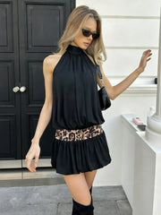 LIZAKOSHT  -  Sexy Halter Neck Leopard Tunics Mini Vacation Dress Streetwear Women Chic Hollow Out Backless Short Evening Party Dresses