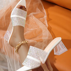LIZAKOSHT  -  Luxury Rhinestone Transparent Thick Rooted Slippers Women Branded Designed Pointed Toe Open Toe High Heeled Sandal Dress Pumps