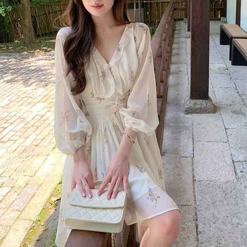 LIZAKOSHT  -  Print Floral Women Dresses Lantern Sleeve V Neck Ruffles Vestidos Mujer Korean Fashion Sweet Elegant Mini Dress