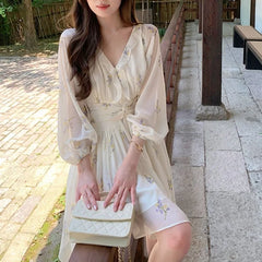LIZAKOSHT  -  Print Floral Women Dresses Lantern Sleeve V Neck Ruffles Vestidos Mujer Korean Fashion Sweet Elegant Mini Dress