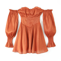 LIZAKOSHT  -  Women Slim Waist Ball Gown Swing Full Sleeve Low Chest Robe Sexy Wood ears Ruched Bra Corset style Off Shoulder Mini Dress