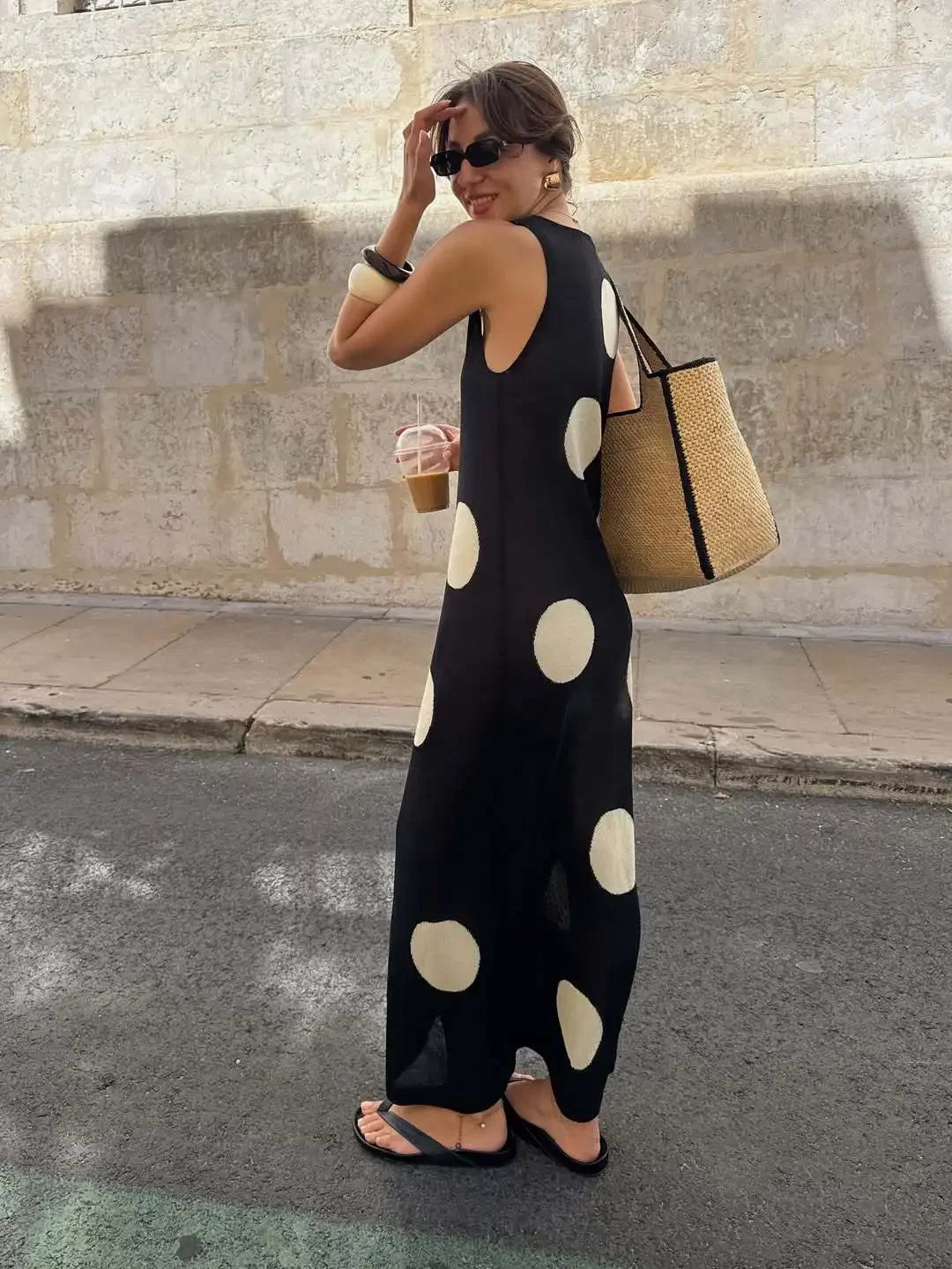 LIZAKOSHT  -  Retro Large Polka Dots Sleeveless Dress Women Chic Round Neck Off-shoulder Slim Midi Dresses Lady Holiday Street Vestidos