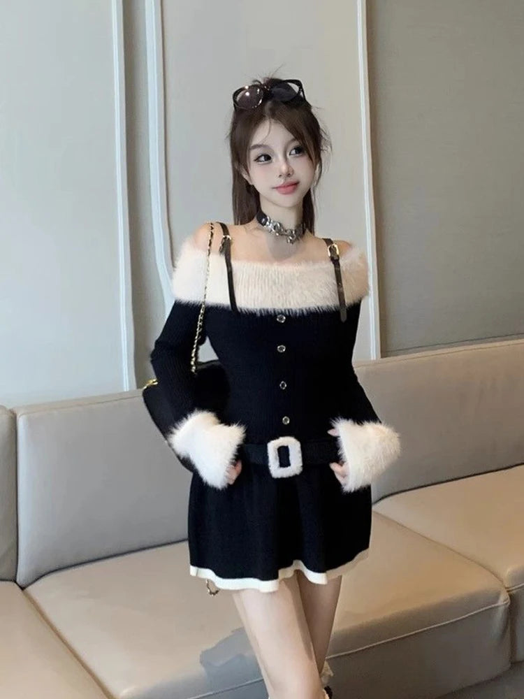 LIZAKOSHT  -  Women Knitted Mini Dress Autumn Hottie Slash Neck Patchwork Fashion Camisole Dresses Off Shoulder Belt Button Casual Vestidos