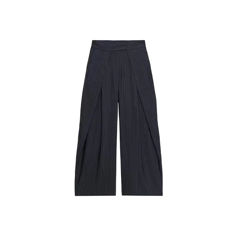 LIZAKOSHT  -  High Waist Striped Wide-Leg Pants For Woman Loose Irregular Floor-Length Trousers Single Bitton Pockets Fashion Casual Clothes