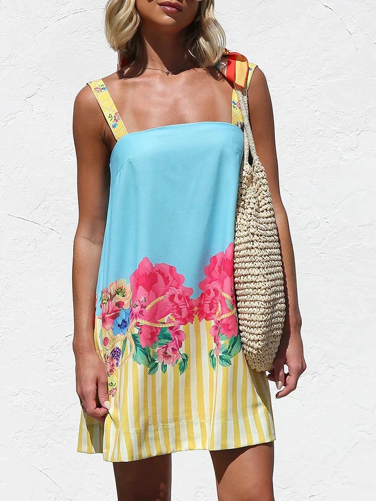 LIZAKOSHT  -  Leisure vacation style cute printed mini camisole dress fashionable daily sweet girl dopamine style camisole dress