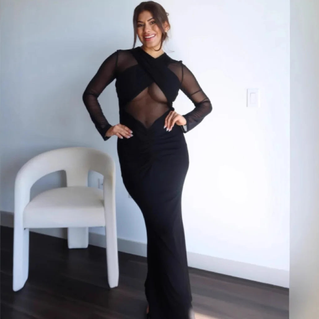 LIZAKOSHT  -  New Women Long Sleeve See Through Sexy Solid Color Elegant Pleated Dress