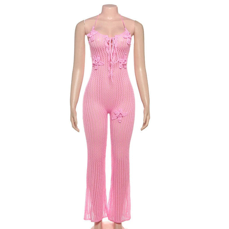 LIZAKOSHT  -  Knitted Halter High Elasticity See Through Halter Backless Solid Color Floral Appliques Club Street Low Cut Jumpsuit for Women