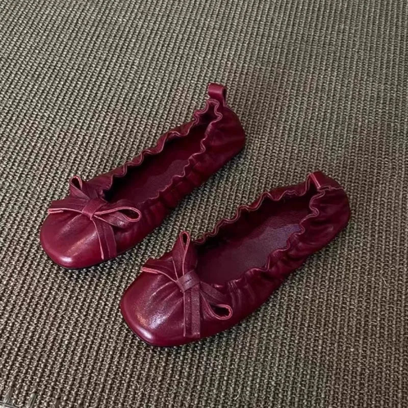 LIZAKOSHT  -  Red Bow Pleated Design Brand Ballet Flat Shoes Women Retro Round Toe Shallow Mary Jane Shoes Comfortable Moccasin Casual Shoes