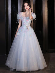 French Style Blue Flower Princess Evening Dress Women Puff Sleeves Appliques Bandage Ball Dresses Exquisite Sweet Birthday Gown
