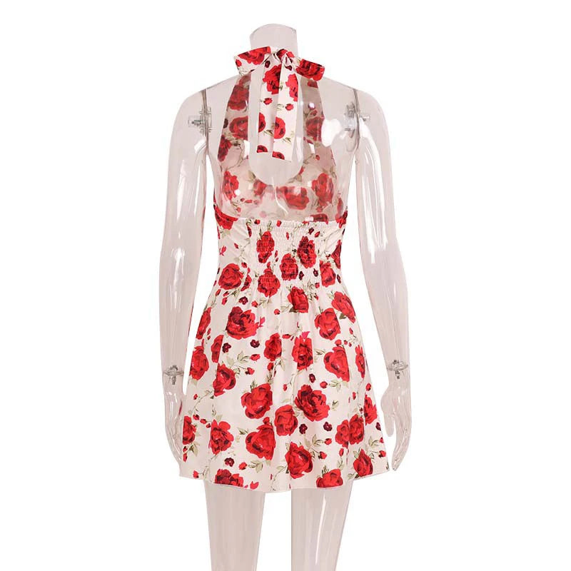 LIZAKOSHT  -  Sexy Sweet Rose Printed Halter V Neck High Waisted Sleeveless Backless A-line Short Dresses Chic Vintage Holiday Streetwear