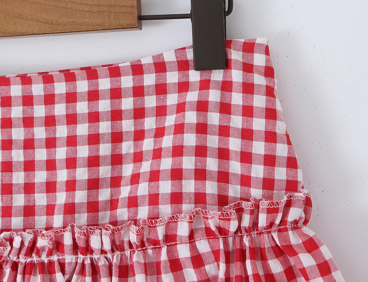 LIZAKOSHT  -  Sexy Red Plaid Spliced Lace Bow Ruched Chest Tank Top + High Waist Wood ears Mesh Lining Swing Cake Mini Skirt Suits 2pcs 1 Set