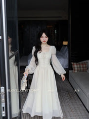 LIZAKOSHT  -  Elegant Square Collar Chiffo Dresses 2025 New Long Sleeve Dress for Women Y2k Early Autumn Slim Waist Vestidos De Mujer