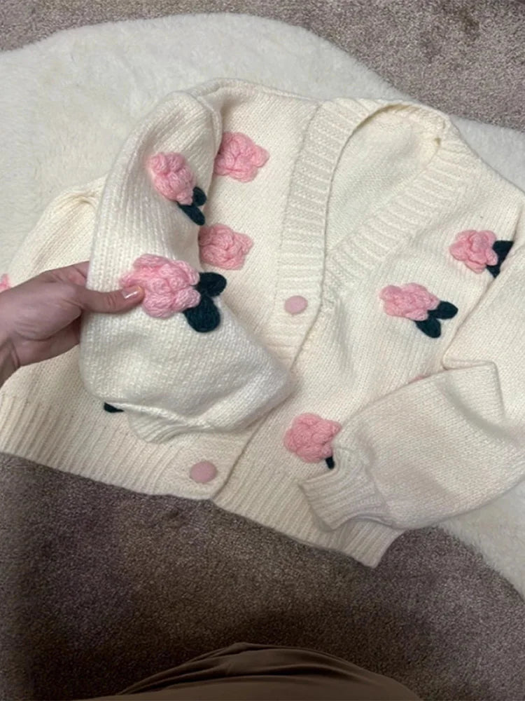 LIZAKOSHT  -  3D Flower Knitted Cardigan Woman Loose Long Sleeves Single Breasted V-Neck Casual Coats Versatile Women's Early Autumn Cardigans