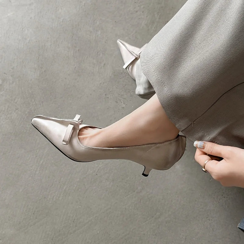 LIZAKOSHT  -  Fashion Pumps New High Quality Genuine Leather Shoes Bow Pointed Shallow Mouth High Heels Commuter Women's Shoes