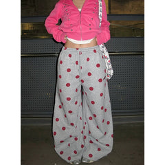 LIZAKOSHT  -  American Style Sports Sweatpants Women's Autumn Winter Loose Wide Leg Casual Pants Polka Dot Embroidery Comfortable