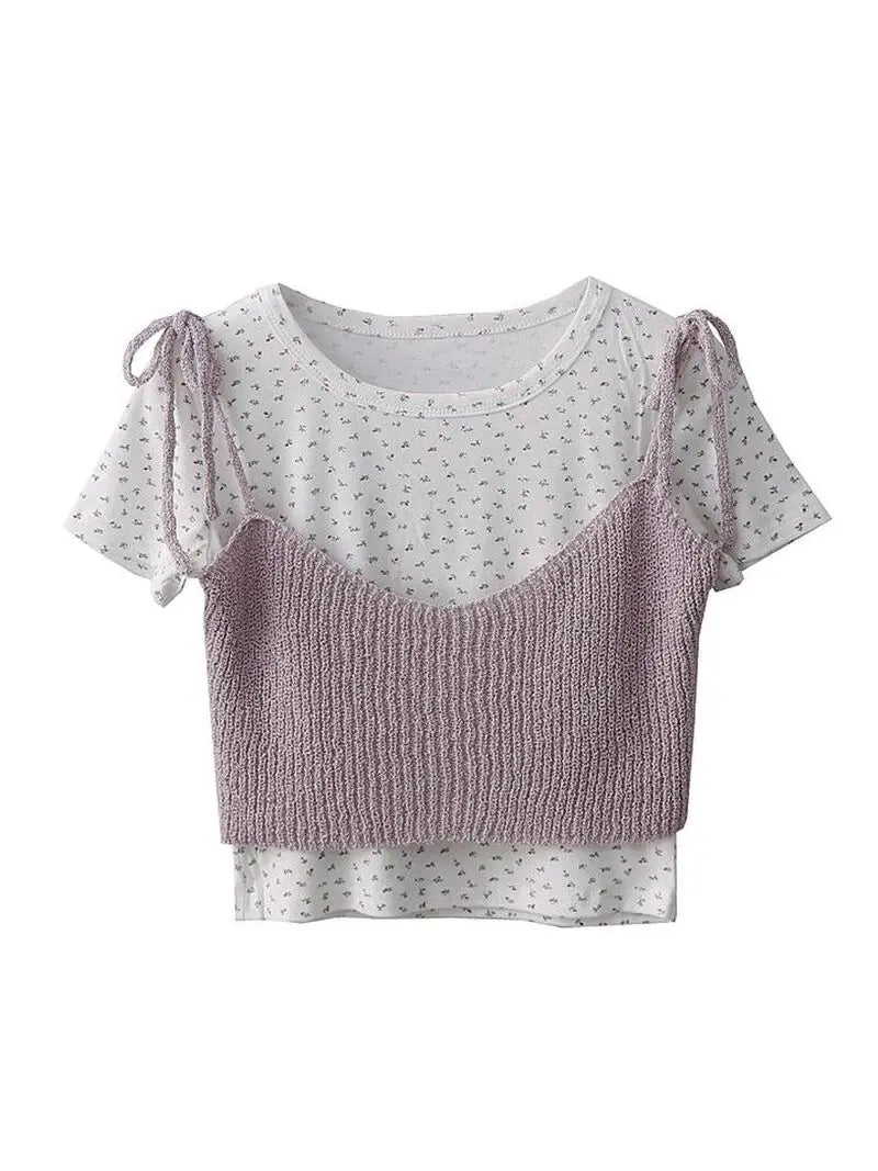 LIZAKOSHT  -  Women's Korean Sweet Style Small Floral O-neck Short -sleeved T-shirts+ Summer Bow Lace-up Suspenders Stacked Tops Two-piece Set