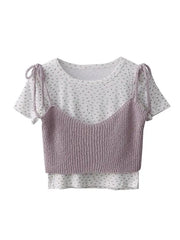 LIZAKOSHT  -  Women's Korean Sweet Style Small Floral O-neck Short -sleeved T-shirts+ Summer Bow Lace-up Suspenders Stacked Tops Two-piece Set