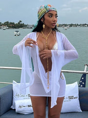 LIZAKOSHT  -  Elegant Flare Sleeve V Neck Ruched Sheer Mesh Short Dress Pink Holiday Outfits Beach Cover-Up Dress Night Out Vestidos D9WD