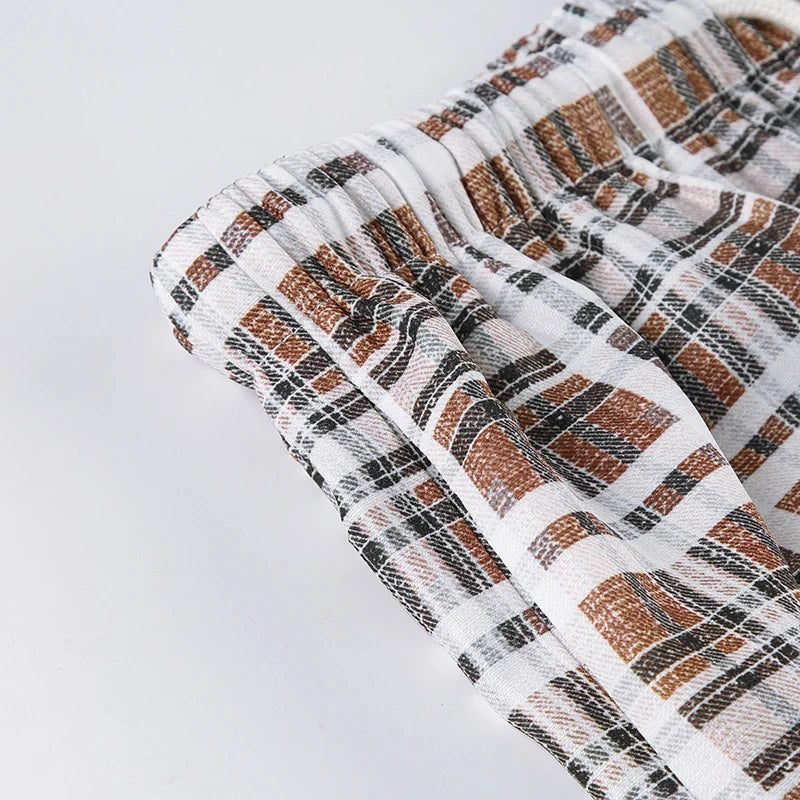 LIZAKOSHT  -  Vintage Brown Plaid Pants for Women Sweet Casual Chic Trousers Y2K Streetwear Loose Bottoms Fashion Harajuku HomePants