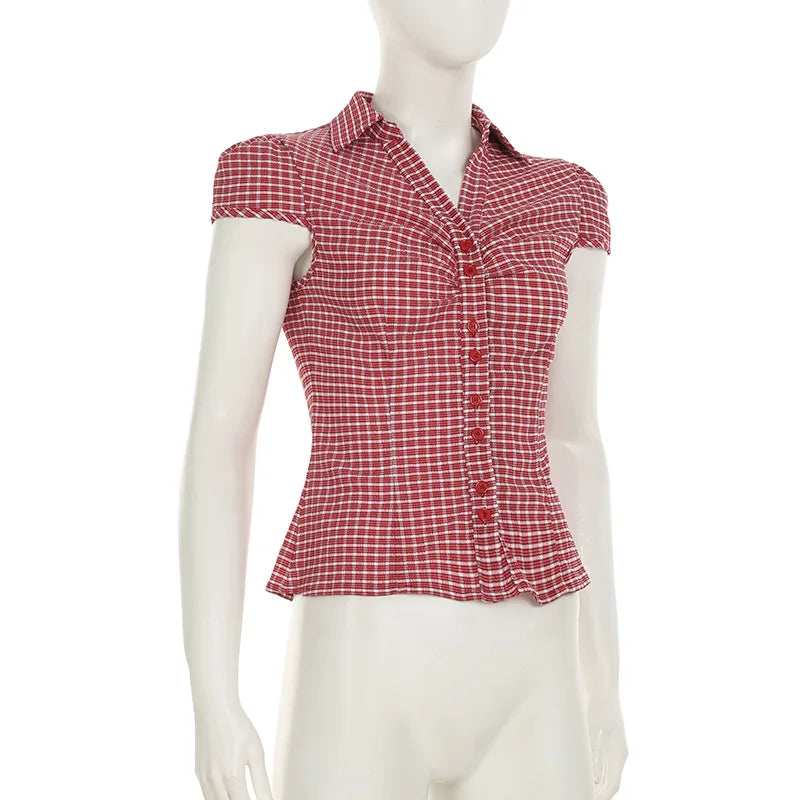LIZAKOSHT  -  College Style Breasted Plaid Simple Casual Versatile Shirt with Retro Street Style Lapel and Waist Cinching for Slimming Effect