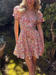LIZAKOSHT  -  Women s Summer Floral Print Dress Short Puff  Square Neck Cutout Waist  Mini A-Line Dress