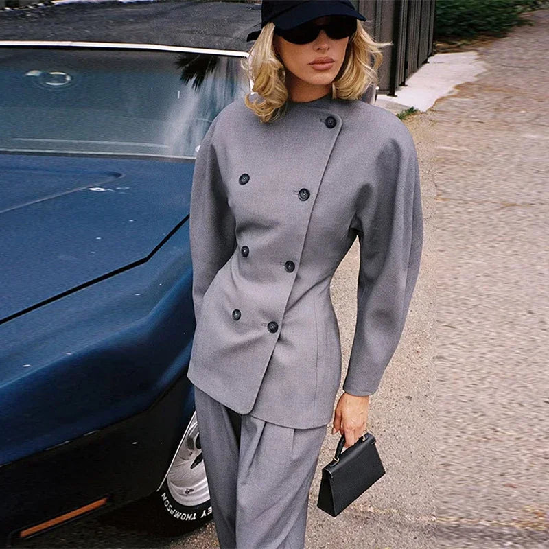 LIZAKOSHT  -  Retro Double Breasted Jacket Long Pant Set Lady Elegant Gray Waist-cinching Jackets Straight Pants Sets Women New Chic Steetwear