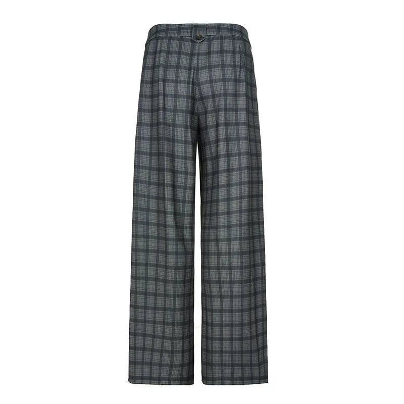 LIZAKOSHT  -  American Street Style High Waist Plaid Print Straight Casual Pants Spice Girl Design Sense Casual Versatile Knitted Suit Pants