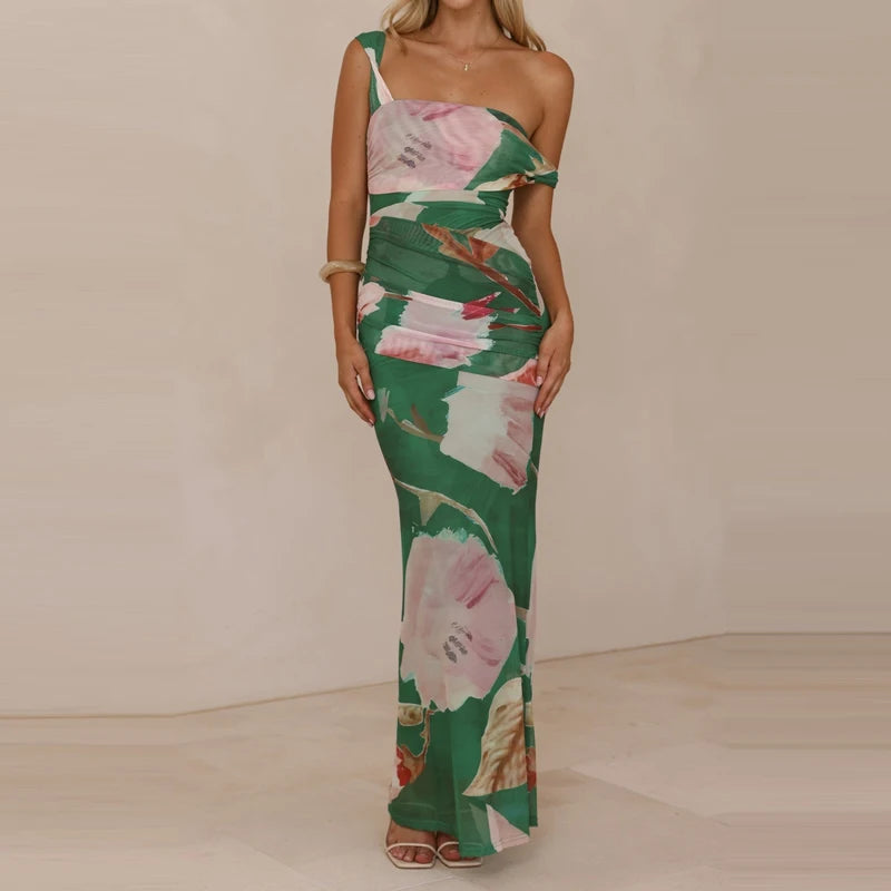 LIZAKOSHT  -  Pattern printed women's temperament slim fit dress casual vacation elegant off shoulder fashion party long dress