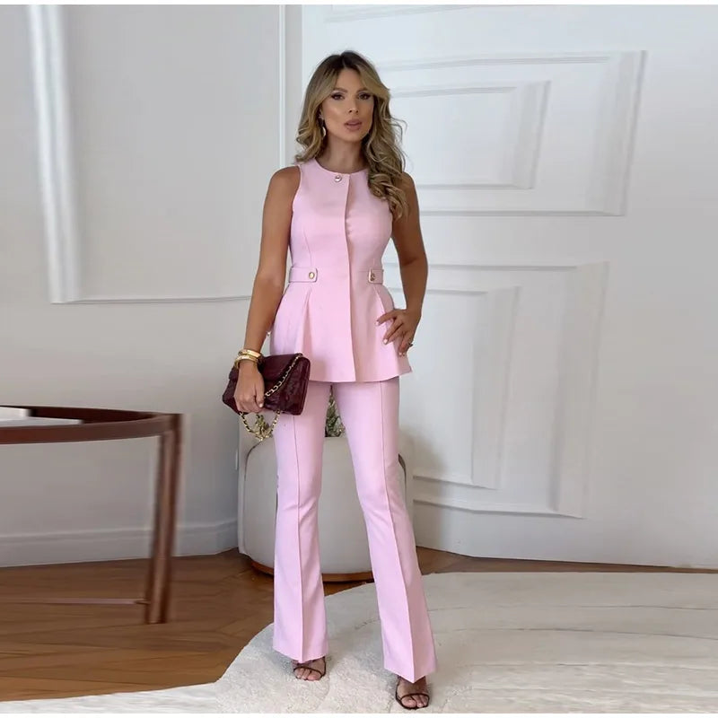 LIZAKOSHT  -  Elegant O-neck Pin Top Pant 2 Piece Sets Women Fashion Sleeveless Waist Cinching Top Straight Pants Suit Lady Summer Chic Set