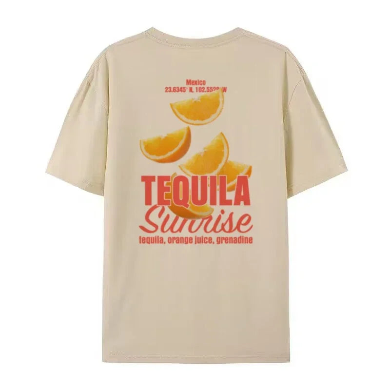 LIZAKOSHT  -  Tequila Sunrise Graphic Tee Y2k Summer Fashion Cotton Top Cocktail Drink Shirt Oversized Aesthetic Streetwear Women T-Shirt