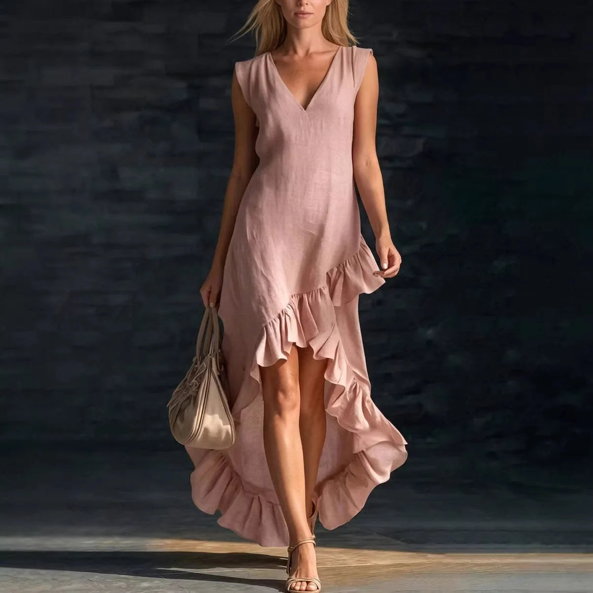 LIZAKOSHT  -  New Fashionable Romantic Sleeveless V-neck Ruffle Hem Cotton and Linen Long Dress