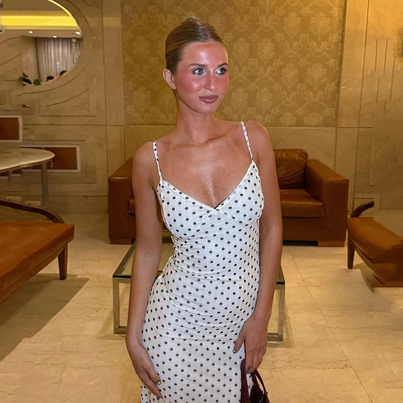 LIZAKOSHT  -  French Fashion Elegant Polka Dot Maxi Dress V-Neck Strap For Women Slim Fit Bodycon Long Dress Holiday Party Outfit