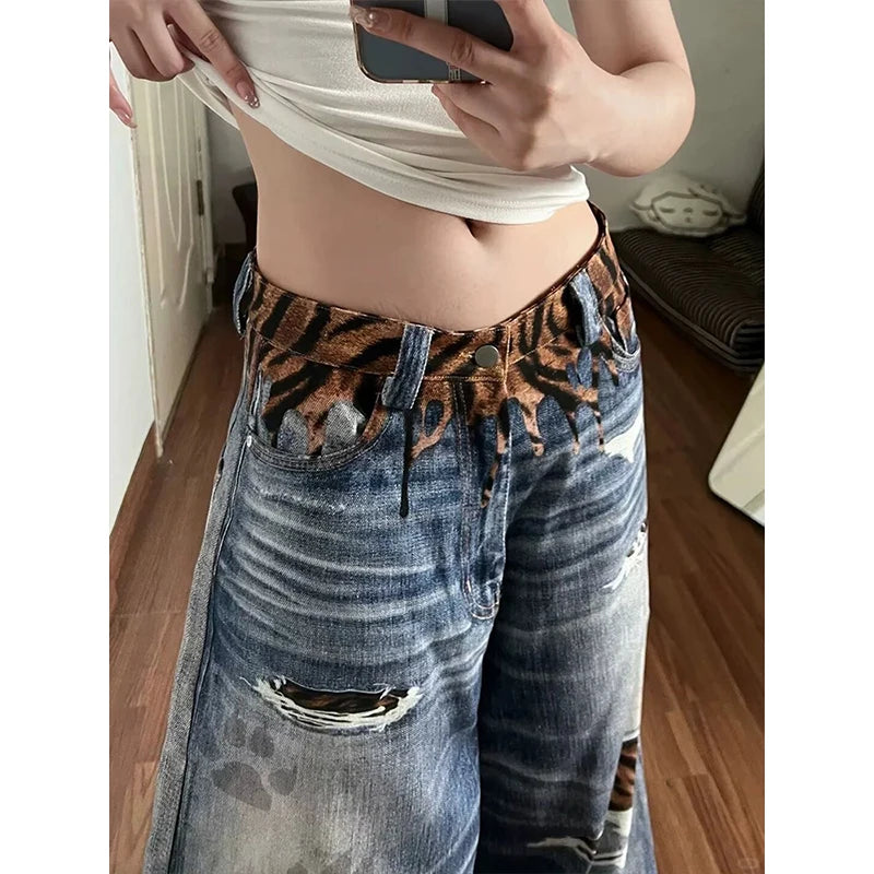  LIZAKOSHT  -  American-style tough lady striped ripped printed denim pants for women, new style, niche, loose, wide-leg,curved-cut pant
