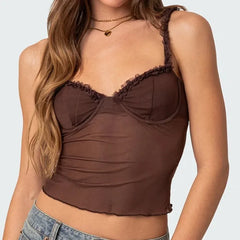 LIZAKOSHT  -  Women Leopard Print Lace Bow Edge Sexy Transparent Camisole Vest Retro Street Fashion Casual Top Daily Commuting Summer Vacation