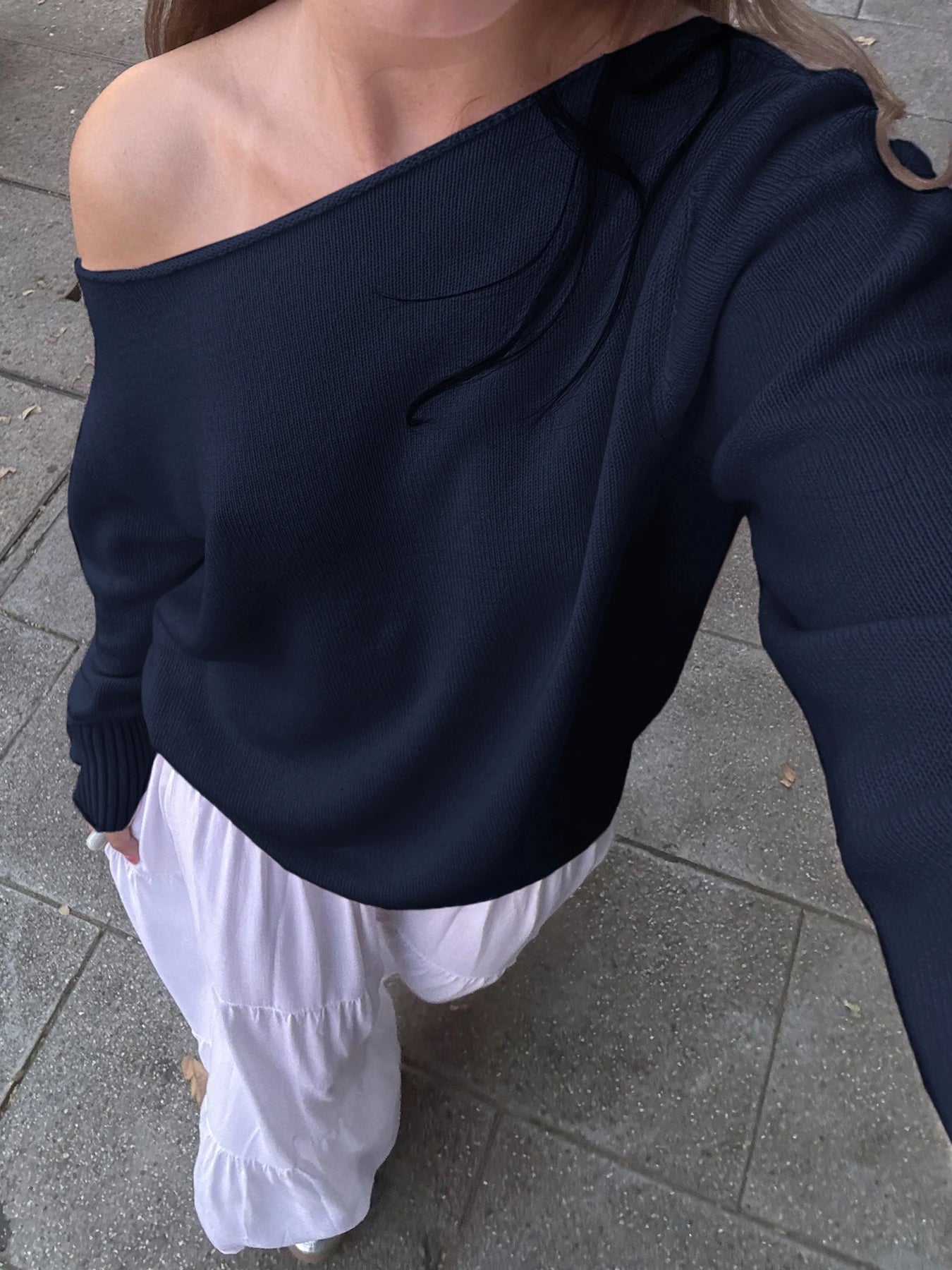 LIZAKOSHT  -  Skew Collar Solid Knit Pullovers Autumn Fashion Casual Loose Sweaters All-match Korean Chic Women's Outfits 90s