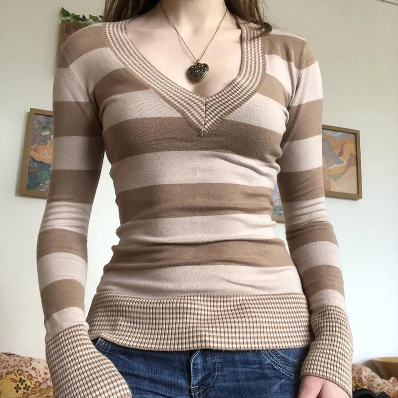 LIZAKOSHT  -  Grunge Fairy 90s Vintage Striped T-shirt Autumn Spring V Neck Long Sleeve Tops Y2K Chic Women Retro Knitted Sweater Tees Top
