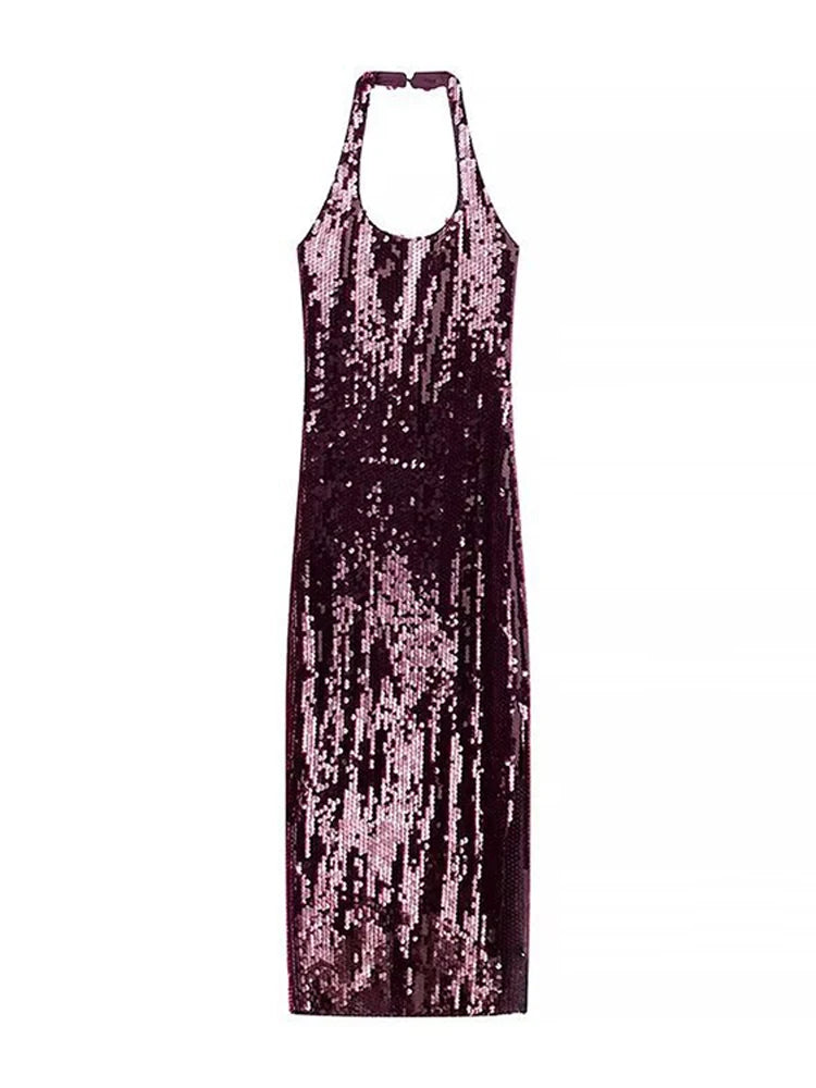 LIZAKOSHT  -  Halter Sequin Dress Party Dresses Sexy Backless Slim Fit Fashion Elegant Hanging Neck Women Beach Dress Socialite Evening Robes