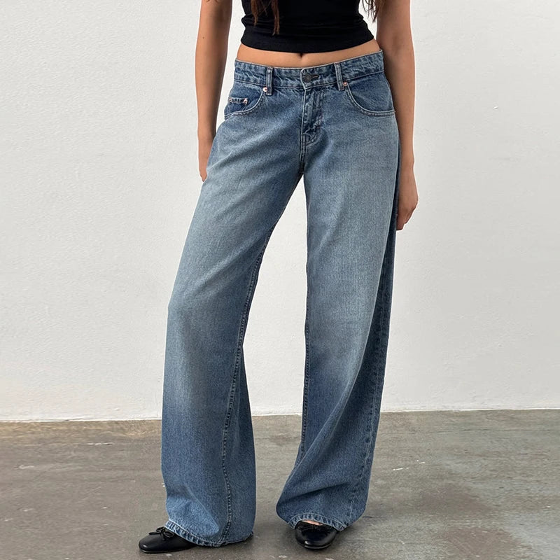 LIZAKOSHT  -  Women Y2K Aesthetic Low Rise Baggy Jeans Loose Fit Boyfriend Straight Wide Leg Denim Pants Trendy Stretch Trousers