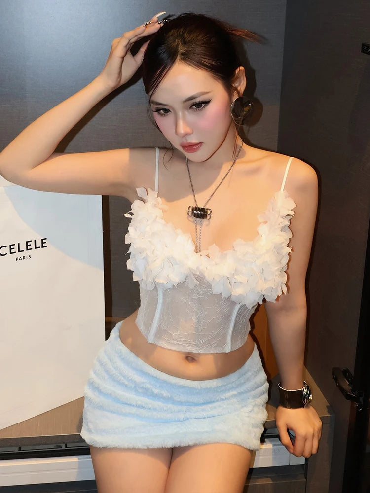 LIZAKOSHT  -  Sexy Dating 2-Piece Set Women Appliques Shirring Jacquard Camisole+Zip Furry Peach Hip Skirt Hottie Party Clubwear