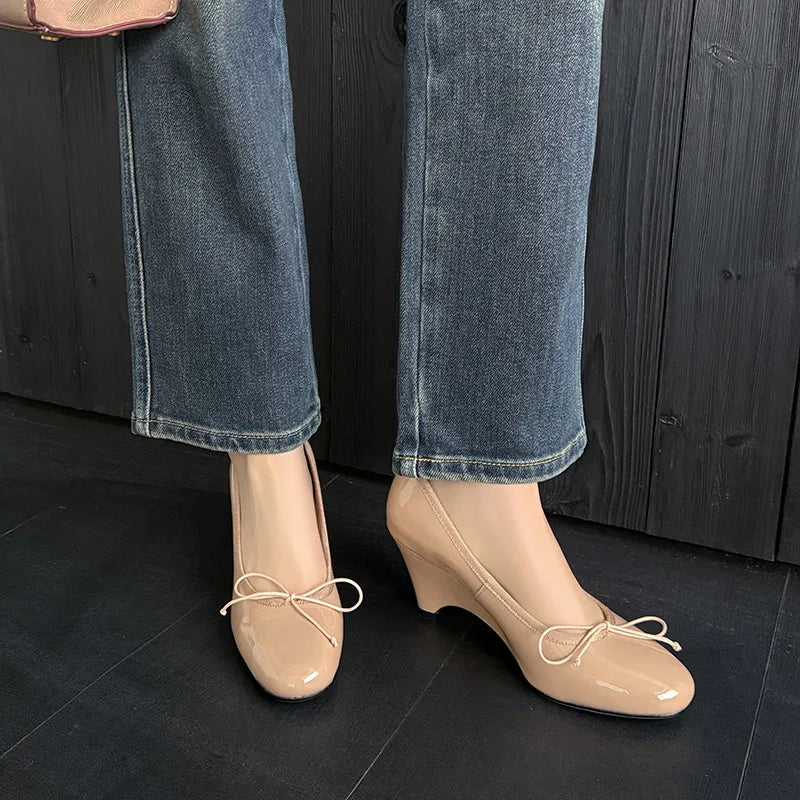 LIZAKOSHT  -  Fashion Pumps New High Quality Genuine Leather Shoes Butterfly Bow Round Head Slope Heels High Heels Women's Heels Shoes