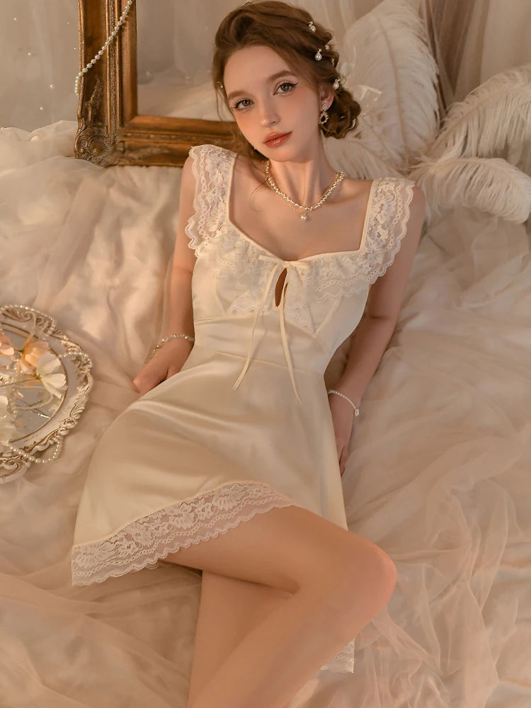 LIZAKOSHT  -  Sexy Lingerie Pajamas Summer Women's Sleepwear New Pure Ice Silk Lace Nightgown Small Chest Pajama Sleep Dress