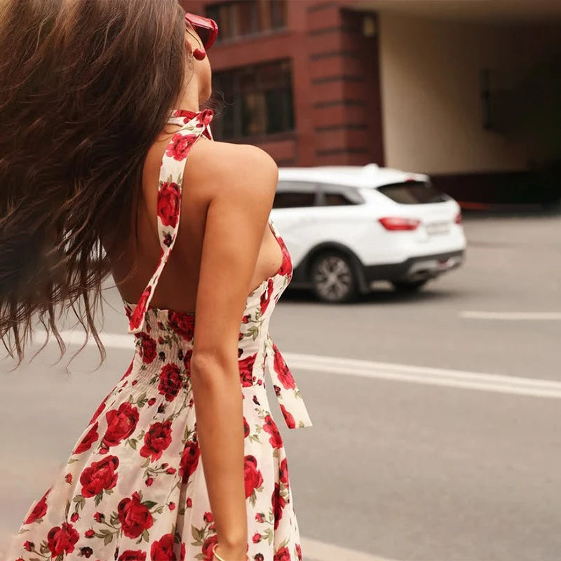 LIZAKOSHT  -  Sexy Sweet Rose Printed Halter V Neck High Waisted Sleeveless Backless A-line Short Dresses Chic Vintage Holiday Streetwear