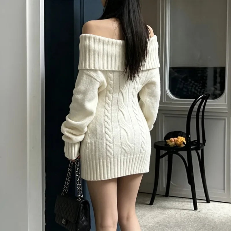  LIZAKOSHT  -  Women Off Shoulder Foldover Collar Cable Knit Sweater Dress Long Sleeve Slim Bodycon Mini Dress Fall Winter Knitted Party Dress