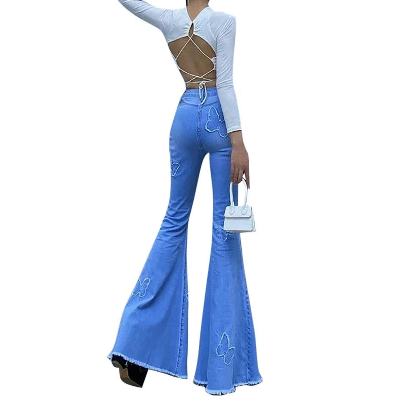 LIZAKOSHT  -  Solid Color Butterfly Print High Waist Bag Hip Casual Denim Flared Trousers 2024 Autumn Fashion Street Style Women's Trousers