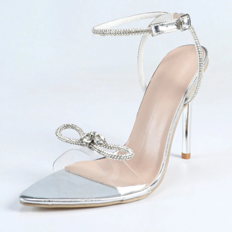 LIZAKOSHT  -  Luxury Rhinestone Bow Super High Heel Sandals Women Sexy Open Toe Party Transparent PVC Ankle Strap Pumps Prom Shoes for Ladies