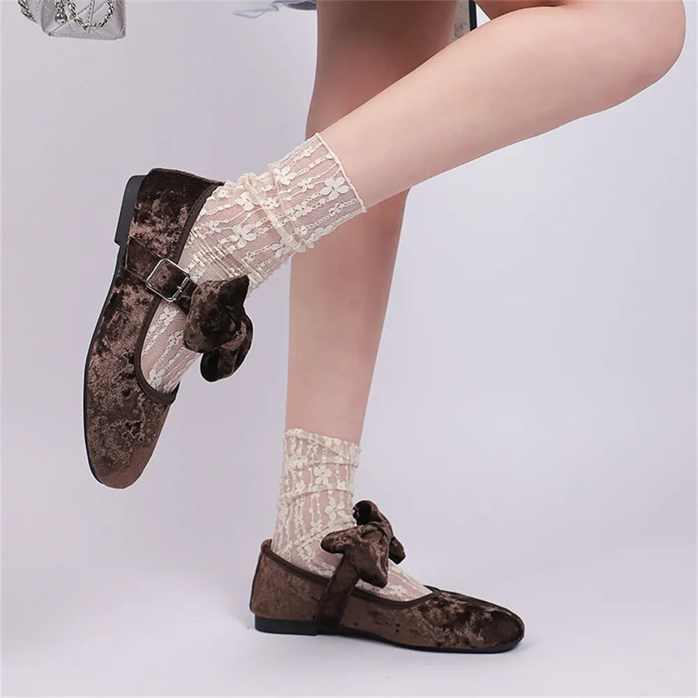 LIZAKOSHT  -  Size 42 flannel Sweet Lolita Mary Janes Shoes Comfy Sole Big Bow Tie Pink Flats Shoes Women