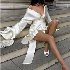 LIZAKOSHT  -  Spring Sexy Loose Strap Long Sleeve Dress Fashion Satin Dress Skirt Short Skirt Women's Clothing