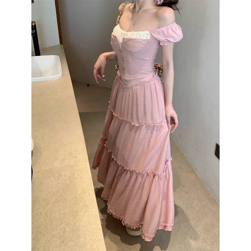 LIZAKOSHT  -  Summer New Square Neck Contrast Color Patchwork Sexy Short Sleeve T-shirt Women + Loose Pleated A-line Skirt Two-piece Suit