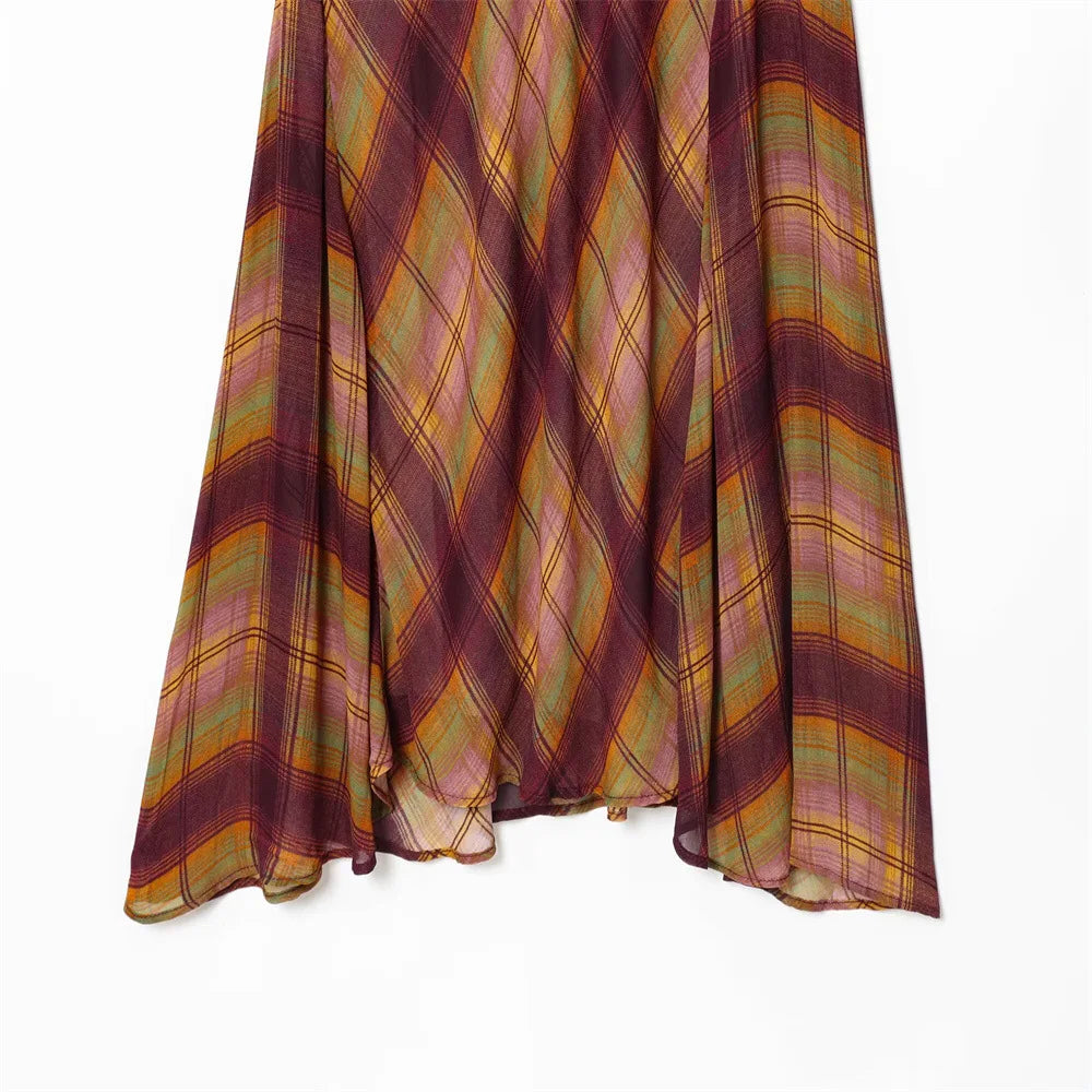 LIZAKOSHT  -  Retro Plaid Pattern Pleated Skirt Women Elegant HighWaist Patchwork Ruffle Slim Midi Skirts Lady Holiday Street Wear New